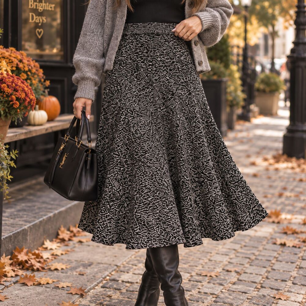 ZARA Black & White Wool Blend Knit Midi Skirt Size Small